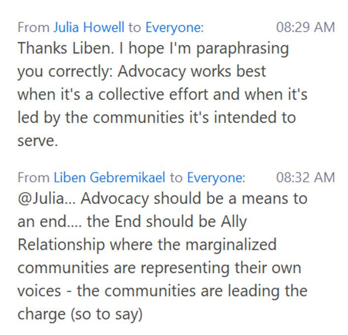 TorontoFdn's tweet photo. A really important clarification/question in our chat between @JuliaHowell and Liben Gebremikael from @TAIBU_CHC - "Advocacy should be a means to an end... the End should be Ally Relationship..." #FalloutReport https://t.co/VoMrevHCQY