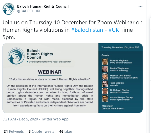 Among organizations that benefit from the whole network is so-called "Balochistan Human Rights Council (BHRC)". SAATH forum members Taha Siddiqui and Ahmed Waqas Goraya recently addressed one of their Webinars.