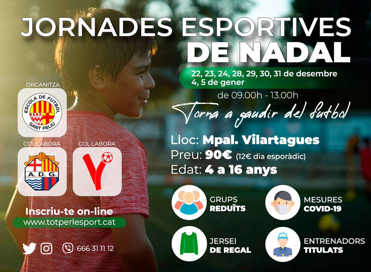 JORNADES ESPORTIVES DE NADAL 🎅🏻🎅🏻

- Inscripcions on-line obertes 📝📝

- Mesures Covid-19 garantides ✅✅

- Que no pari de rodar la pilota!! ⚽⚽

#adguixols #fempoble #socdelguixols #futbol