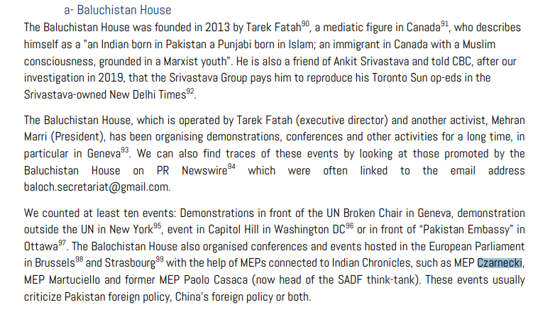 The  @DisinfoEU report mentions a MEP Czarnecki who often appears in events against Pakistan and here he appears for the same organization BHRC, which was addressed by Taha Siddiqui and Goraya. This dude also takes deep interest in PTM issues.