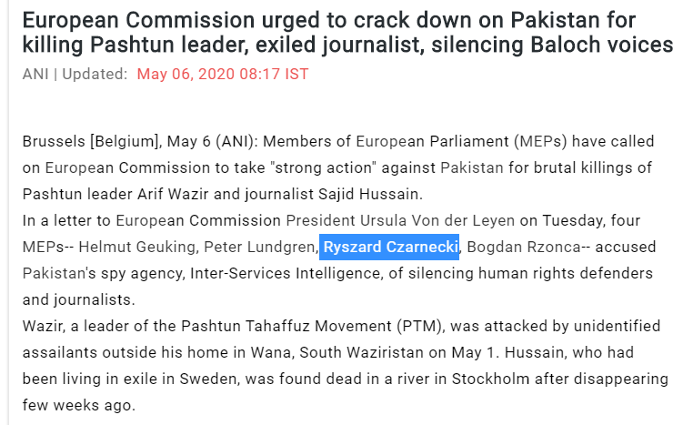 The  @DisinfoEU report mentions a MEP Czarnecki who often appears in events against Pakistan and here he appears for the same organization BHRC, which was addressed by Taha Siddiqui and Goraya. This dude also takes deep interest in PTM issues.