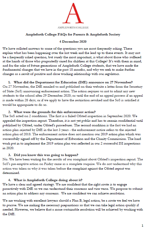 The school wrote to parents on 4 December saying that "the right route is to engage proactively with DfE" so that they "understand their concerns". They "propose to submit an action plan to address any concerns"