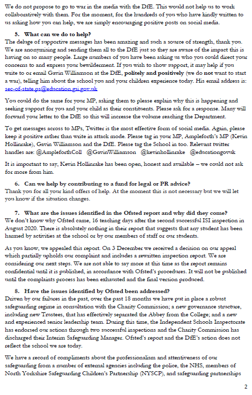 The school wrote to parents on 4 December saying that "the right route is to engage proactively with DfE" so that they "understand their concerns". They "propose to submit an action plan to address any concerns"