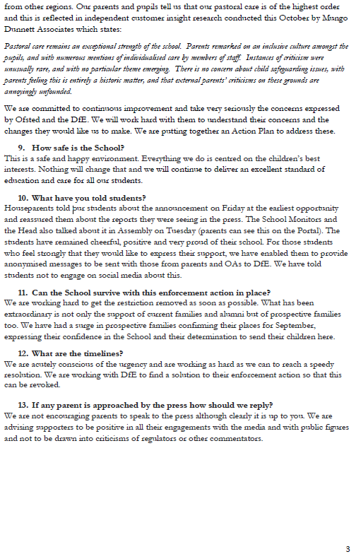 The school wrote to parents on 4 December saying that "the right route is to engage proactively with DfE" so that they "understand their concerns". They "propose to submit an action plan to address any concerns"