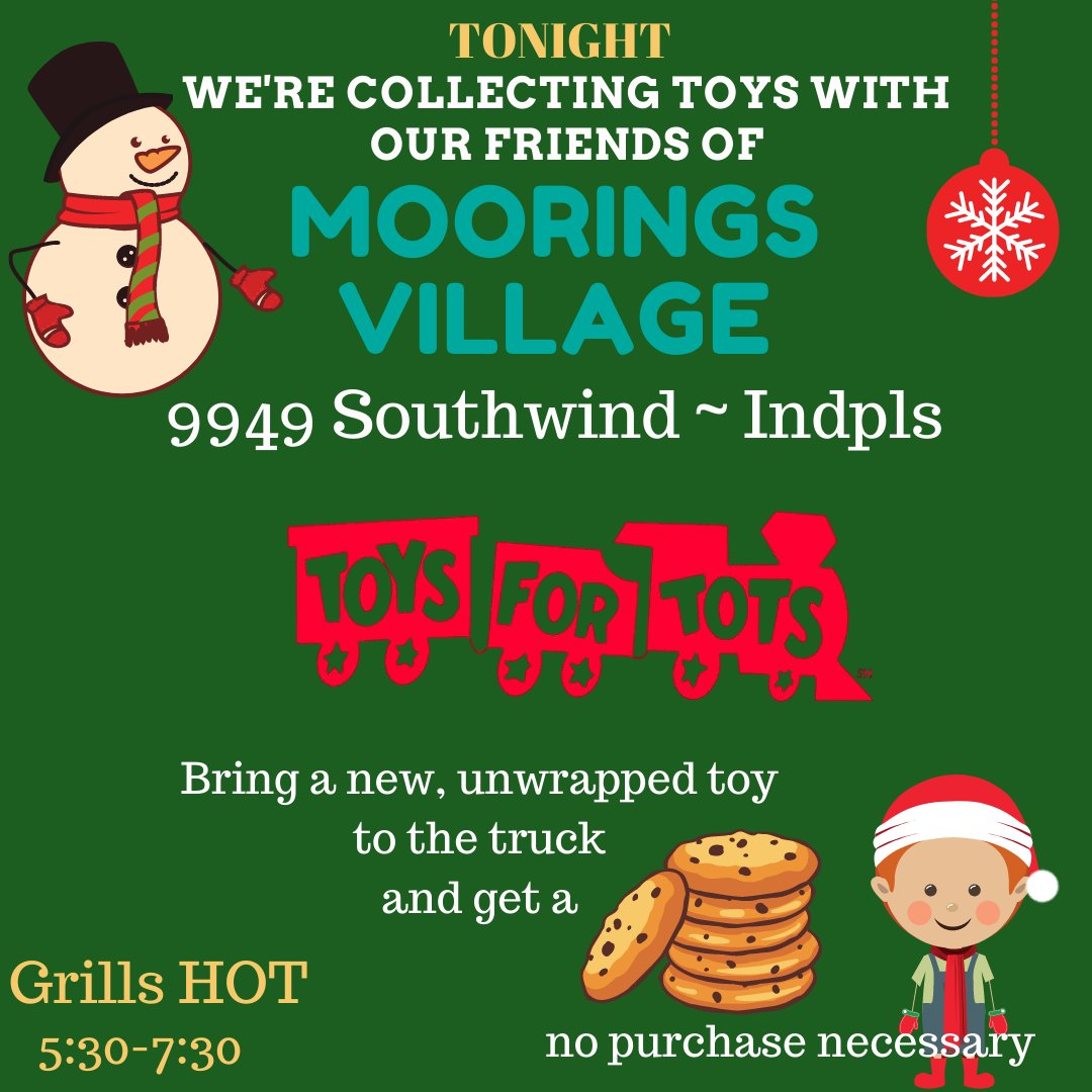 Hosted by our pal Michelle &amp; friends we're grilling at 9949 Southwind Dr 
(Moorings Village)
 
Bring a new, unwrapped toy benefiting <a href="/ToysForTots_USA/">Toys for Tots</a> &amp; we'll even give you a cookie 

Bring a Toy for a Tot
Eat from the truck
Bring a Toy for a Tot AND eat from the truck
Well done