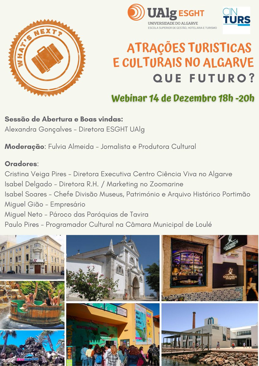 CinTurs (@cintursualg) on Twitter photo No dia 14 de dezembro, pelas 18h, irá realizar-se a 2.ª edição do Webinar What´s Next, com o tema "Atrações Turísticas e Culturais no Algarve. Que futuro?". A participação é gratuita mas o registo é obrigatório em: tinyurl.com/y55uqvwn. Org.: <a href="/esght_ualg/">Escola Superior de Gestão, Hotelaria e Turismo</a> No dia 14 de dezembro, pelas 18h, irá realizar-se a 2.ª edição do Webinar What´s Next, com o tema "Atrações Turísticas e Culturais no Algarve. Que futuro?". A participação é gratuita mas o registo é obrigatório em: tinyurl.com/y55uqvwn. Org.: <a href="/esght_ualg/">Escola Superior de Gestão, Hotelaria e Turismo</a>
