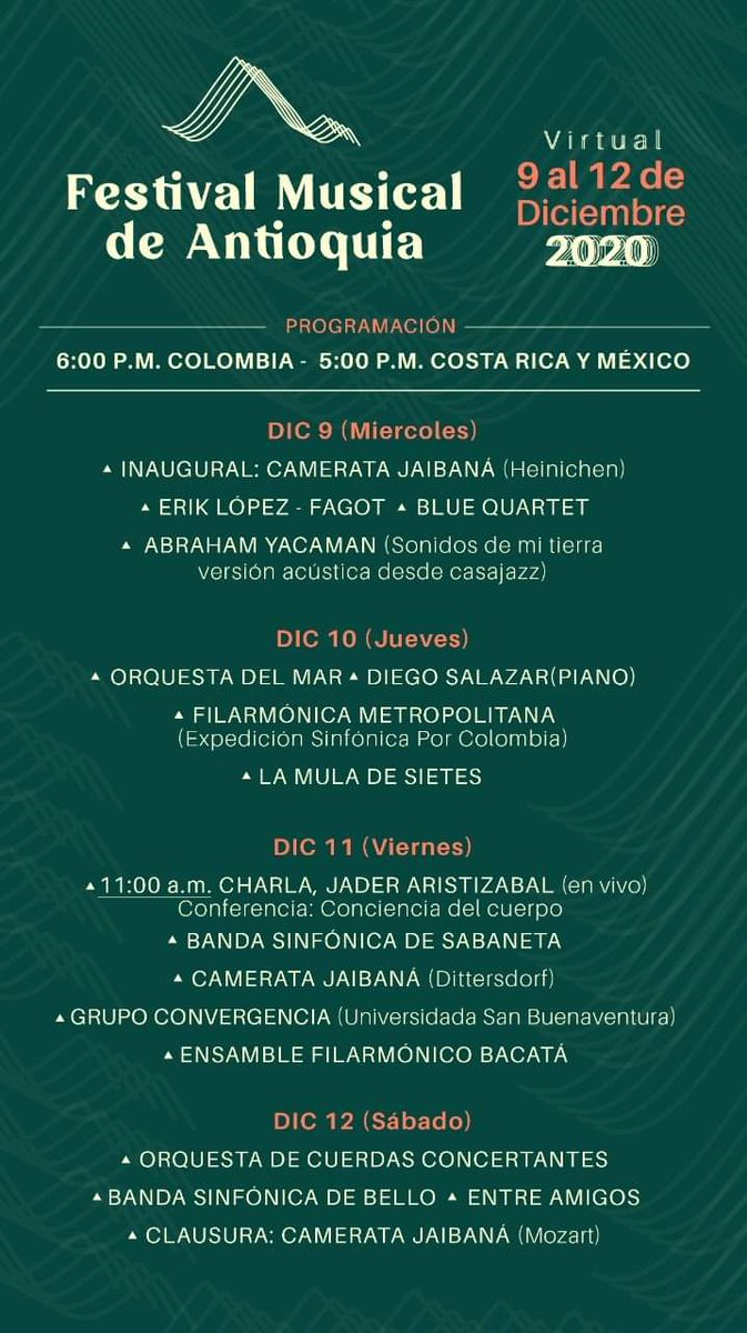 lamuladesietes's tweet photo. ¡Buenos días!
Hoy, Jueves 10 de Diciembre estaremos participando en el Festival Musical de Antioquia. La transmisión será por la cuenta del festival en YouTube y Facebook a las 5:00pm hora de la Ciudad de México. https://t.co/97DNUawHsO