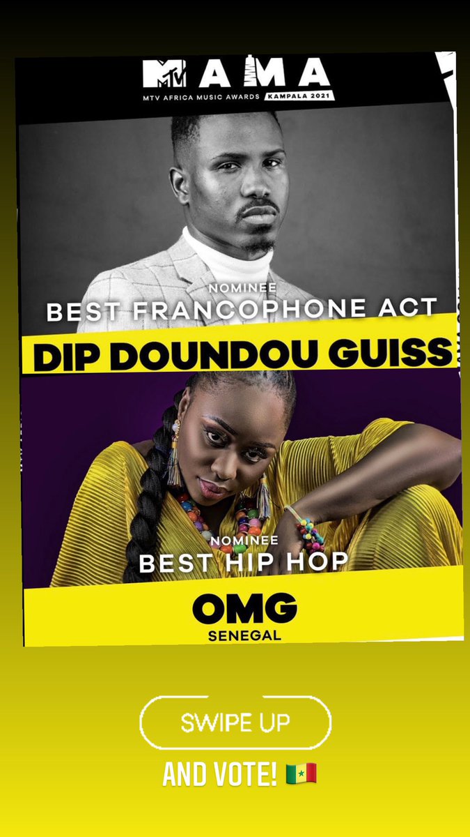 Canabasse's tweet photo. Nous avons eu deux nominations au MTV AFRICA MUSIC AWARDS!! Allons tous voter pour @dip_doundouguissofficiel : best francophone act 
et @omg_oumy_gueye (best hiphop) ! N’a trophées you fanane si! 🇸🇳 ✊🏿 https://t.co/zzqmCk6WLT https://t.co/pQ6ejlj4MS