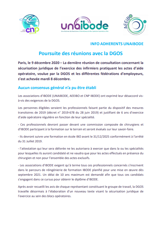 La dernière réunion de consultation concernant la sécurisation juridique de l’exercice des IDE pratiquant les actes d’aide op, voulue par la DGOS + les fédérations d'employeurs, s’est achevée le 8 décembre.
Aucun consensus général n’a pu être établi 
<a href="/unaibode/">UNAIBODE</a> <a href="/aeeibo/">AEEIBO</a>