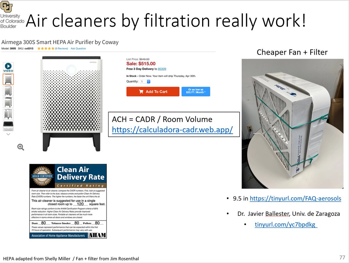 6/ Filtration is very effective to remove virus-containing aerosols from the air. Either within HVAC systems (with MERV13 when possible), or portable HEPA (great but expensive) or cheap fan-filter combos (works!). Follow  @JbcLiftec  @JimRosenthal4  @SmartAirFilters for fan-filter