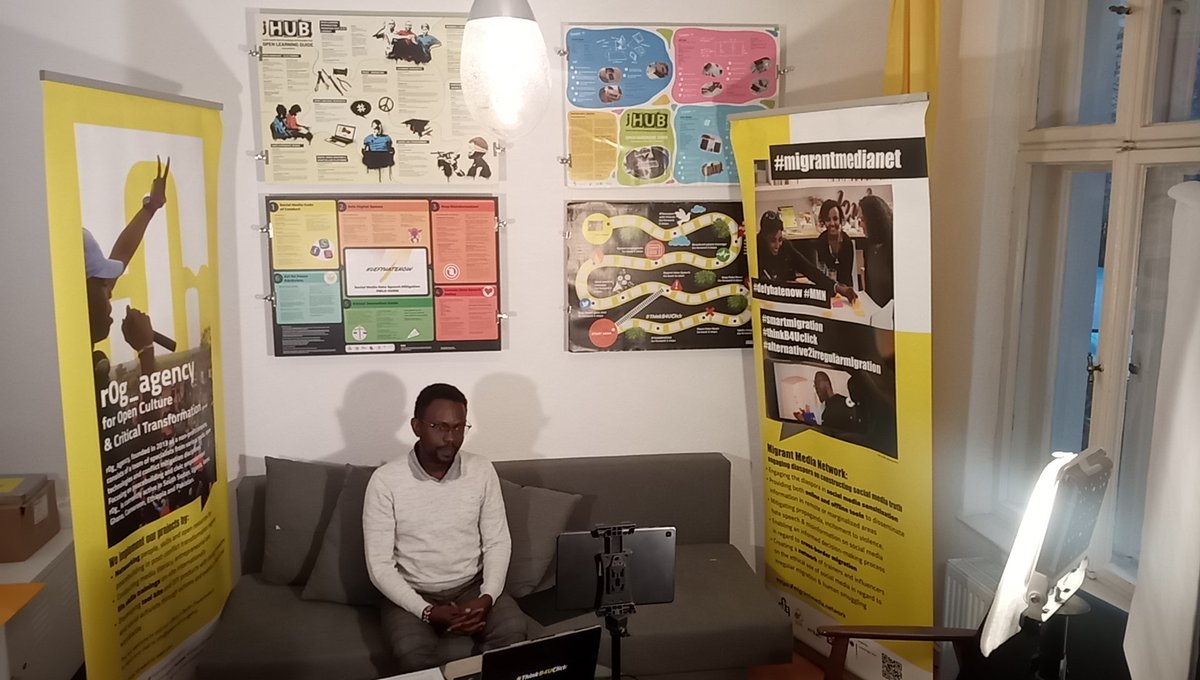 intertwilight's tweet photo. Our colleague @KalungeThomas in our makeshift r0g_studio in conversation w/ @BonyoLinda @lawyershubkenya @TechWomen #Kenya on effects of #AI on migration + #tech challenges + legal hurdles faced @MediaMigrant @weareGIG #DOTS2020 #ASKnet #biasedalgorithms #invisibleborders https://t.co/md5IDhYkWr