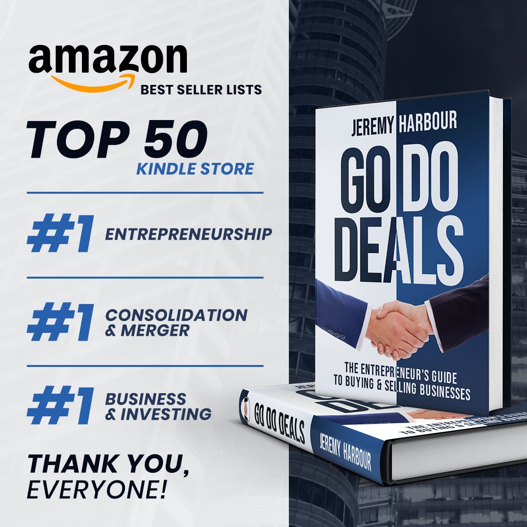 JeremyJHarbour's tweet photo. In less than a week of it's release, Go Do Deals has not only hit the Top 50 category on Amazon's New Releases, it's also topping the charts in Entrepreneurship, Consolidation & Merger, and Business & Investing!
Thank you for your support!
#SmallBusinessOwners #GODODEALS https://t.co/7yeQnAsjDv