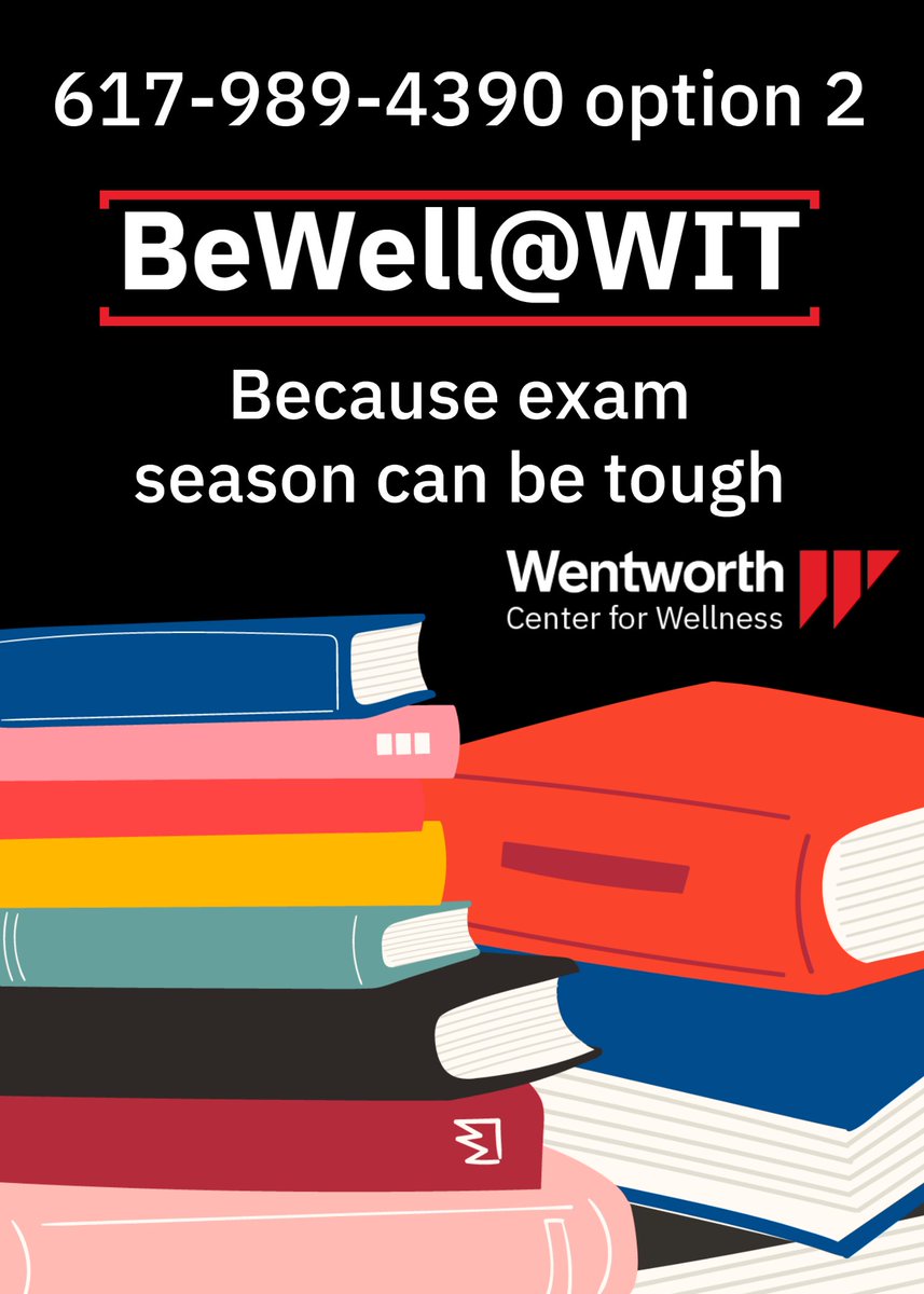 Finals got you feeling overwhelmed? Don’t stress, we’re here to help 24/7 just call BeWell@WIT at 617-989-4390 &amp; select option 2. Remember you can do this! #BeWellatWIT #Wellness #wearehereforyou