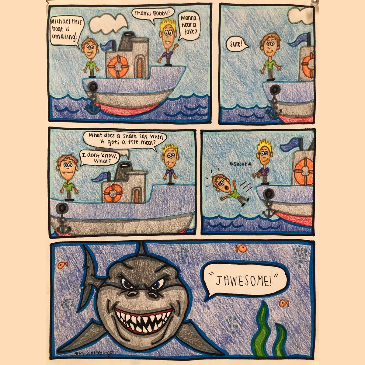 NAHS_Bburg's tweet photo. Intro to 2D students Brady, Abby, Elise and Ethan created some great comics that are sure to make you smile. Enjoy! #comics #comicstrip #nahs #bhs #brownsburg https://t.co/wd0PVPhtxJ
