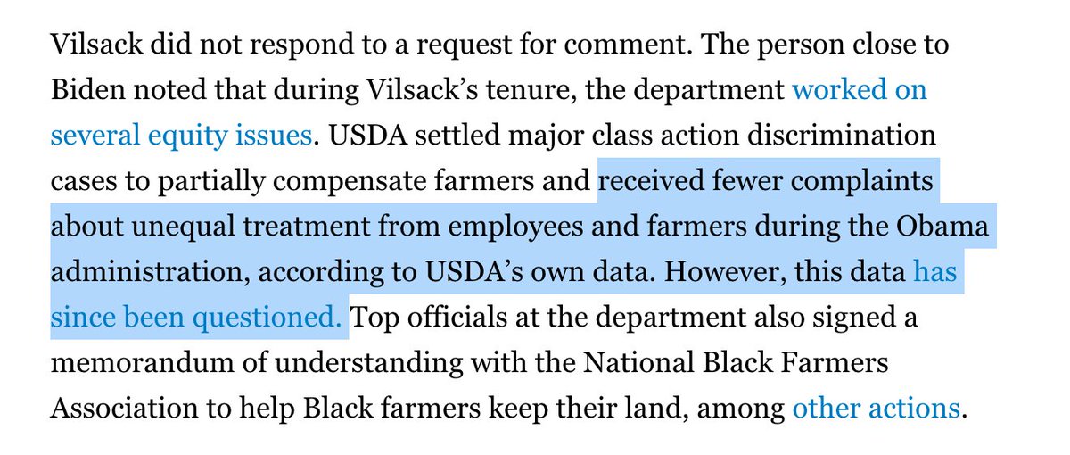 According to Politico, a "person close to Biden" is defending Vilsack's civil rights record by claiming that discrimination complaints went down at USDA under Vilsack "according to USDA's own data." This is unequivocally not true: they went up.