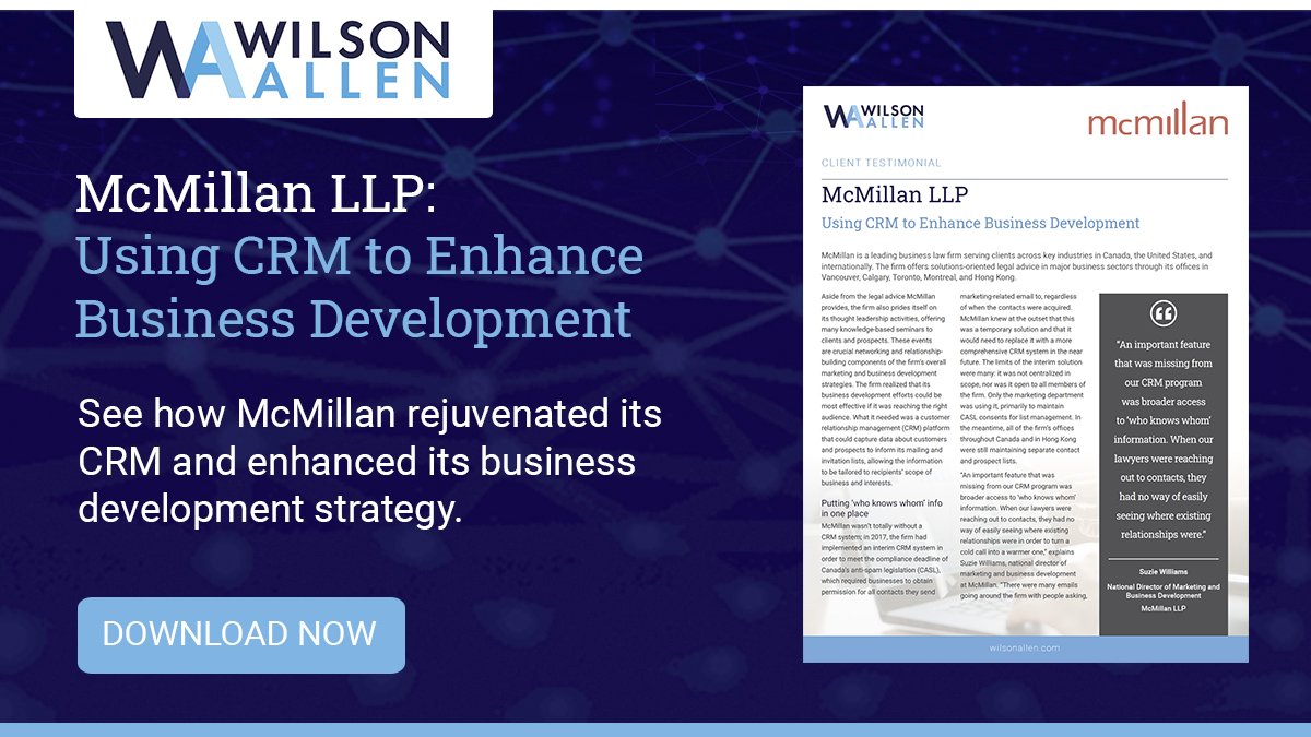 In today's competitive marketplace, CRM is more important than ever. In this story, <a href="/SuzieCWilliams/">Suzie Williams</a> explains why <a href="/mcmillanllp/">McMillan LLP</a> turned to Wilson Allen to help it identify a solution and execute a successful data strategy and migration: bit.ly/2VXXfmg  #legalmarketing