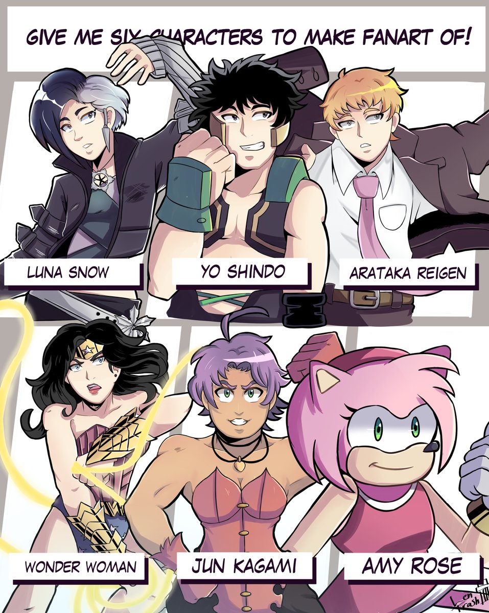 Lentrash's tweet photo. Six Fanart Challenge  
#fanart #SixFanarts #sixfanart #LunaSnow #YoShindo #ReigenArataka #Wonderwoman #JunKagami #AmyRose https://t.co/0dDILVt62G