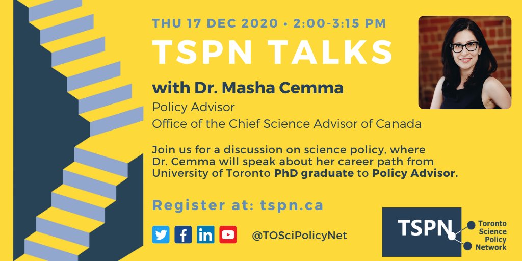 TOSciPolicyNet's tweet photo. Save the date! #TSPNTalks with Dr. Masha Cemma (@CemmaM) is on December 17th (next Thursday) at 2 pm.
Register at https://t.co/0CDsppW344
More details below ๐ #scipol #cdnpoli https://t.co/qATFtH7JHp