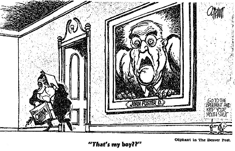 yesterdayintrav's tweet photo. Here is the political cartoon (from the Denver Post) we referenced in our last episode. Anti-communist John Foster Dulles looks down in horror at Nixon, who holds a briefcase labeled "China" and contains an olive branch.

Listen to the episode here: https://t.co/dYWA92vn0d https://t.co/eT7rTgnKB9