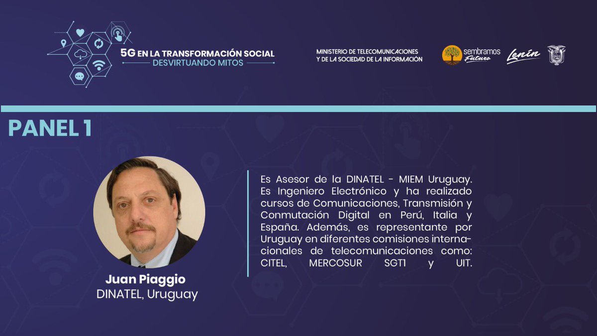 Telecom_Ec's tweet photo. Hoy en el evento “5G en la Transformación Social, desvirtuando mitos”. Nos acompaña 𝐉𝐮𝐚𝐧 𝐏𝐢𝐚𝐠𝐠𝐢𝐨 de DINATEL, Uruguay, quien analizará  los “Beneficios de las tecnologías 5G, aplicaciones en la transformación digital: sociedad y empresa”
#5GTransformacionDigital https://t.co/EOhXVwPp2A