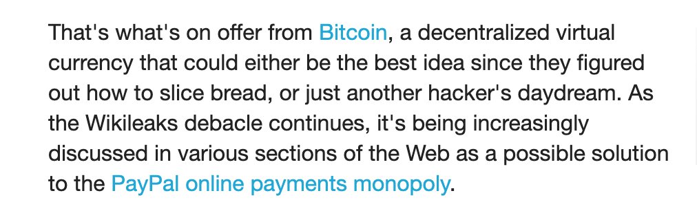 3/  @wikileaks had been de-platformed by PayPal and the author was out to explore how  #Bitcoin  , an upstart digital money might come to its aid.How about an entire currency based on peer-to-peer technology?