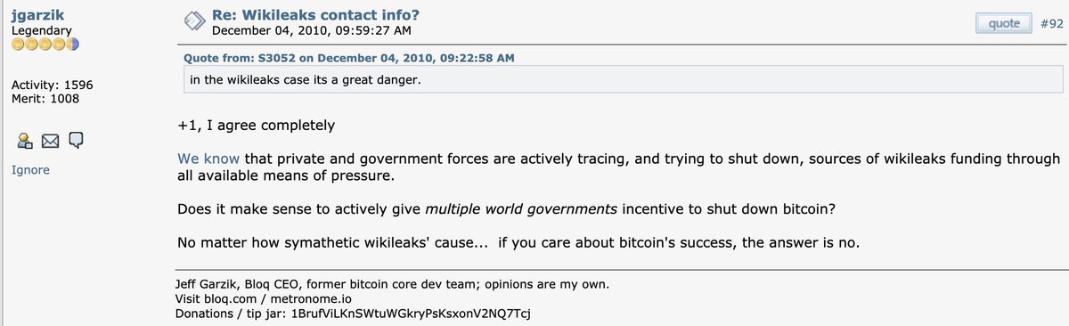 4/ The idea was weeks old – first suggested by  @nardoism in November – but it proved polarizing. @orionwl thought Wikileaks accepting  #Bitcoin   would be a “great moment.”  @jgarzik argued it might encourage governments to attack the network. https://bitcointalk.org/index.php?topic=1735.80