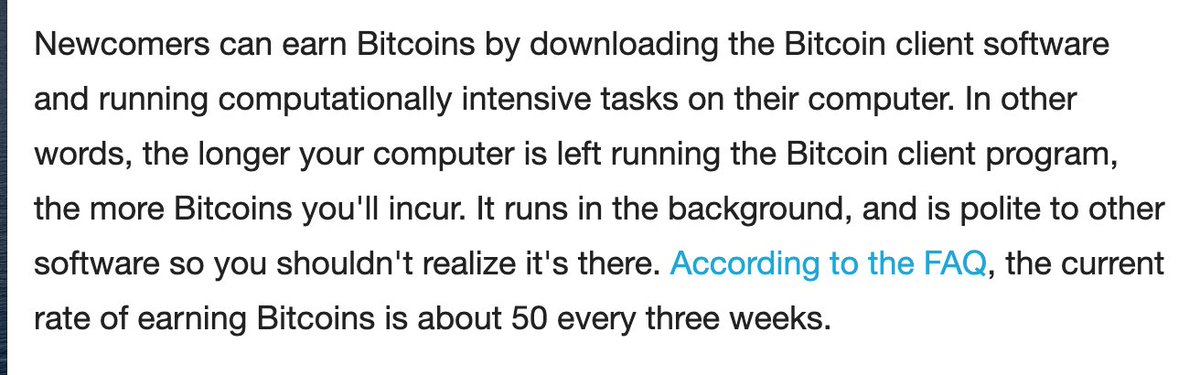 6/ More people, he noted, were running the client and mining  #Bitcoin   for a chance to earn rewards.At that time, someone running the software could expect to receive 50 BTC every 3 weeks.