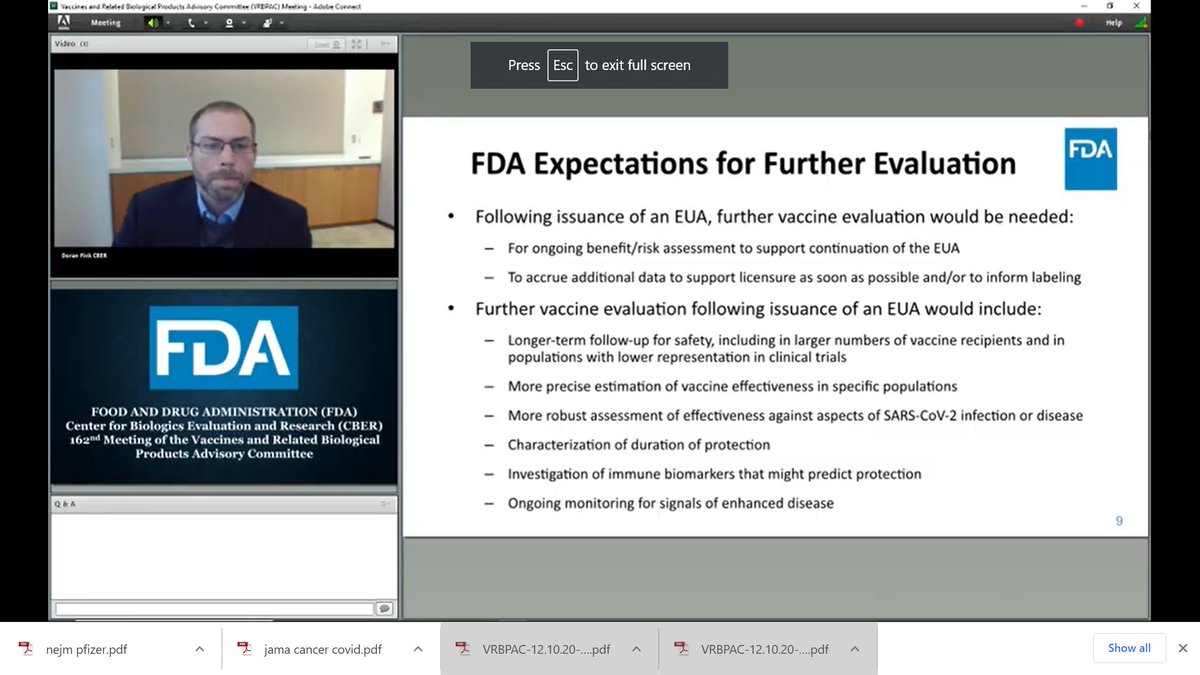 The  @fdagov expects  @Pfizer to continue monitoring its vaccine safety and efficacy even after it's authorized.  #VRBPAC