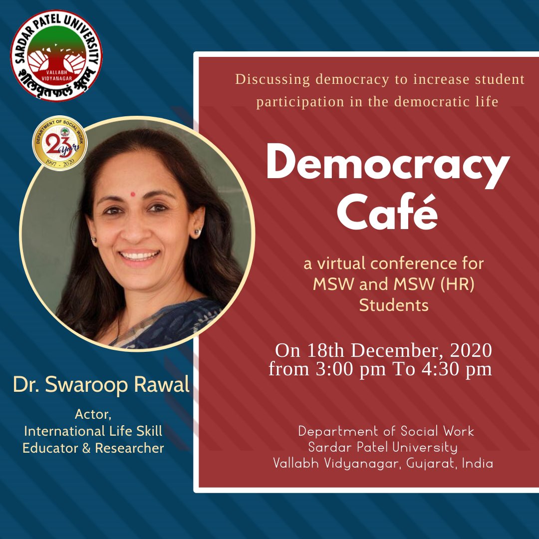 ‘Democracy has to be born anew every generation’ 
We would like to provide a forum for those who want to build &amp; be part of a society that is equal, sustainable &amp; democratic. @SHIRISH41178356 <a href="/spunivgujarat/">Sardar Patel University</a> <a href="/ugc_india/">UGC INDIA</a> <a href="/EduMinOfIndia/">Ministry of Education</a> <a href="/dswspuvvnguj/">DSW, S.P UNIVERSITY</a> #DemocracyCafe for our students