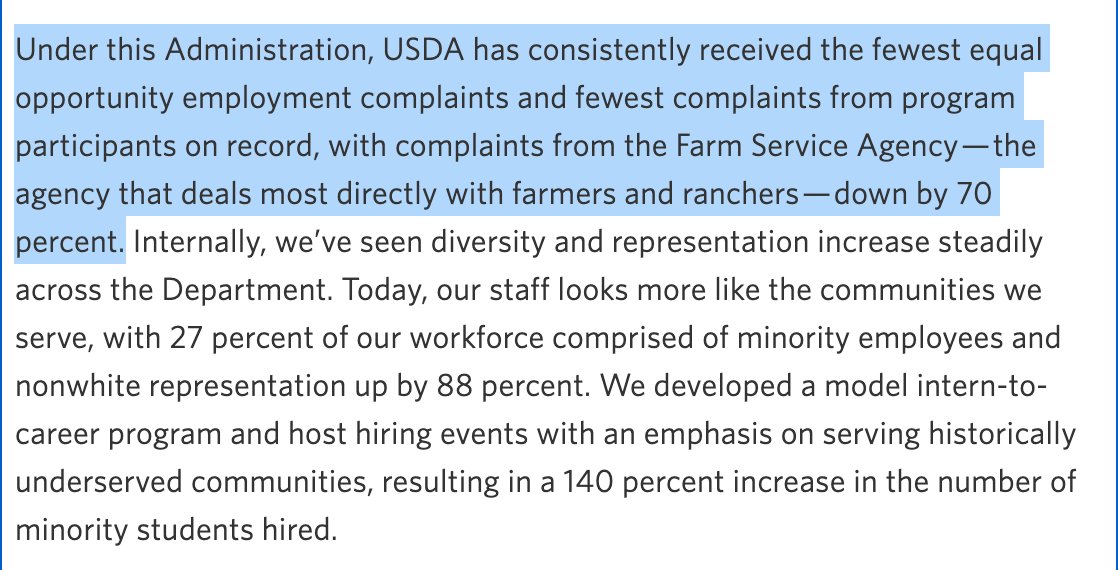This is not a minor claim. Vilsack has made it repeatedly, often touting it as one of his primary civil rights accomplishments. This excerpt, from his 2017 exit memo, is typical.
