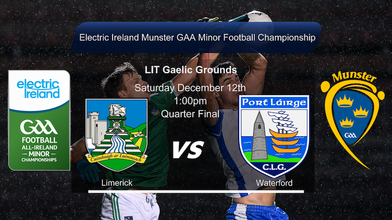 Live Streaming of Saturday's Electric Ireland Munster Minor Football Quarter-Final between <a href="/LimerickCLG/">Limerick GAA</a> @ <a href="/WaterfordGAA/">Waterford GAA</a> has been confirmed. Throw-in at 1pm from the LIT Gaelic Grounds.

munster.gaa.ie/event/2020-ele…