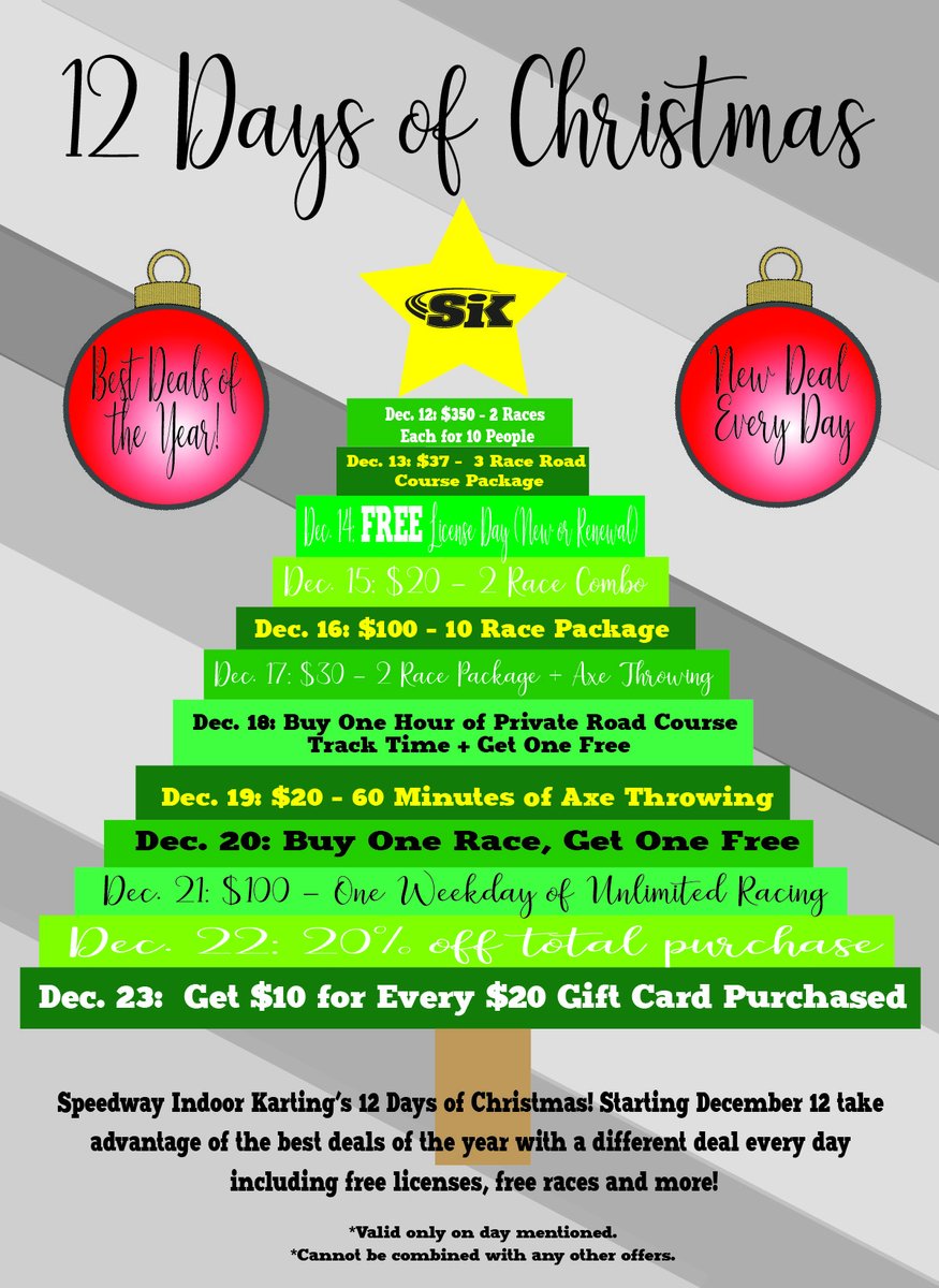 It's the most wonderful time of year! Get ready for the 12 DAYS OF CHRISTMAS! 

It will start December 12 and runs through December 23. Deals are will be available in store and online. 

A new deal every day. Trust us, it doesn't get much better than this.