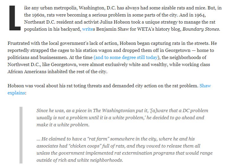 also a favorite: a simultaneous example of how direct action gets the goods, is a crucial tool in one's belt to actually pressure politicians to do the policies they swear they support, and how direct action isn't necessarily "smash windows and shit"  https://www.smithsonianmag.com/smart-news/1960s-julius-hobson-took-dcs-rat-problem-his-own-hands-180955961/