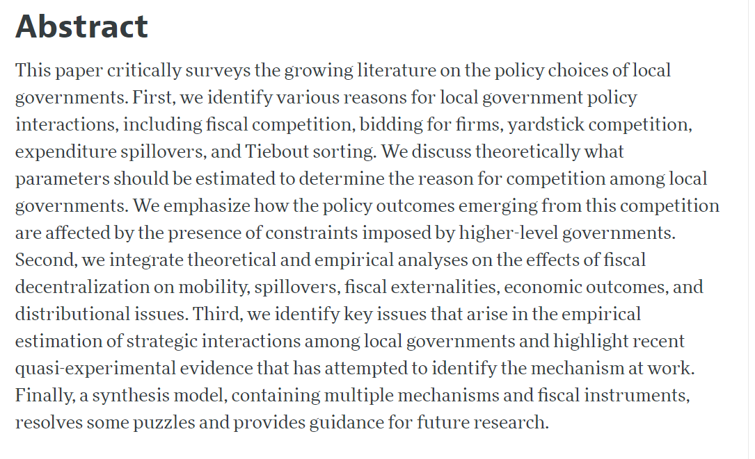 Our review then discusses how local governments set policy and, implicitly, how policy would be different if set at the national level. A motivating goal is to understand and predict *policy outcomes.* Some topics we cover are discussed below: