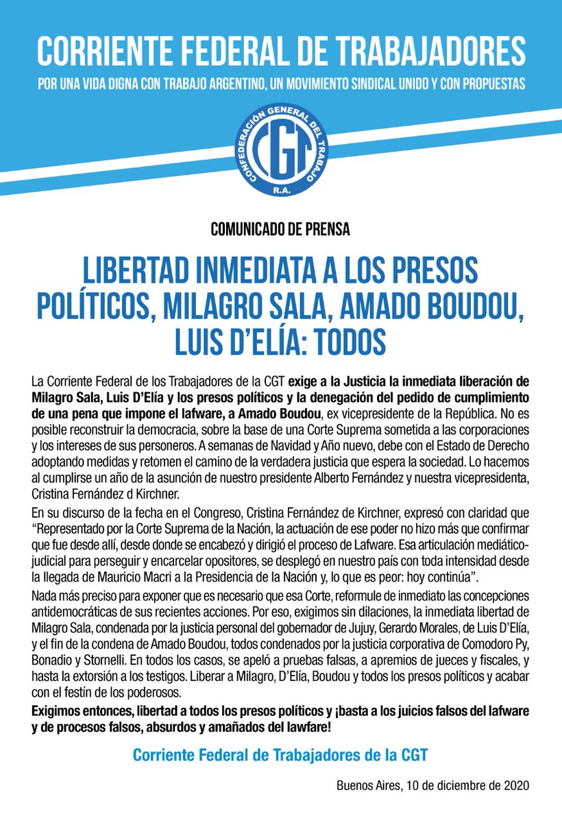 #LawFare #LibertadALosPresosPoliticos La @CFTArgentina se suma en un comunicado al reclamo hecho por la Vicepresidenta @CFKArgentina en contra de lawfare y exige la liberación de @AmadoBoudouArg @MilagroSala y @Luis_Delia