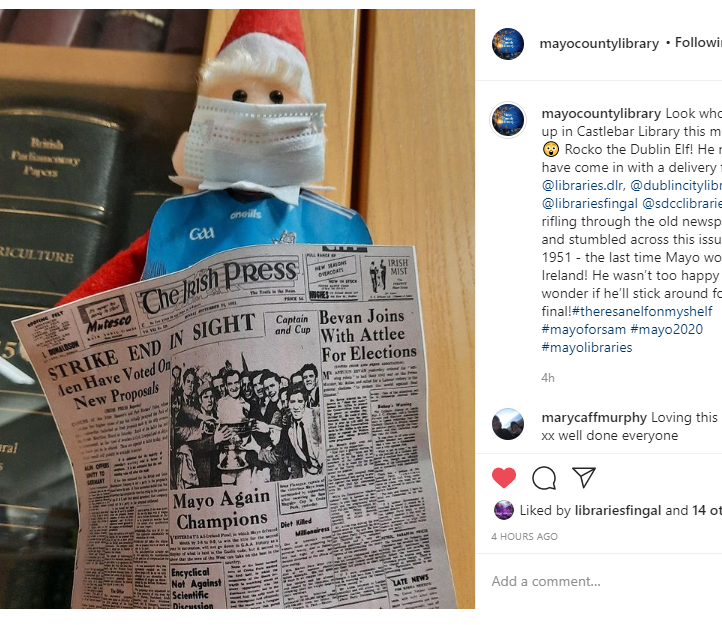 dubcilib's tweet photo. Hang on to your old newspapers if it brings you solace @MayoLibrary  🤪

Rocko the Dublin Elf is rocking! 🎸 

Please return him unharmed. 

UP THE DUBS! 😆

#theresanelfonmyshelf #dublinforsam #dublin2020

@SDCClibraries @fingallibraries @DLR_Libraries https://t.co/od8A6Dssd8