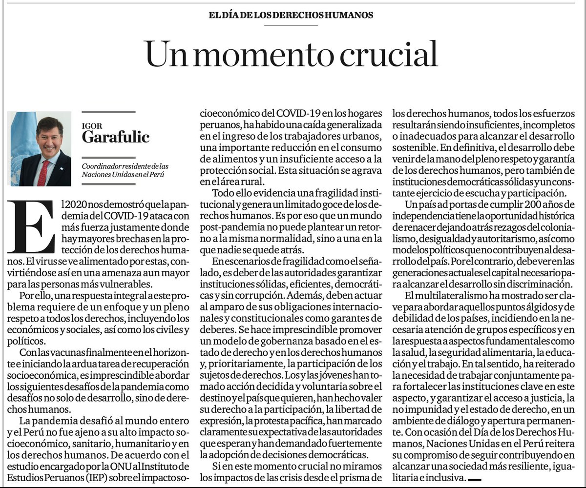 "Si no miramos los impactos de las crisis desde el prisma de los #DerechosHumanos, todos los esfuerzos resultarán siendo insuficientes para alcanzar el desarrollo sostenible" Igor Garafulic, Representante de #ONU Perú, hoy #DiaDDHH en <a href="/elcomercio_peru/">El Comercio</a> ➡️bit.ly/33Zpci1
