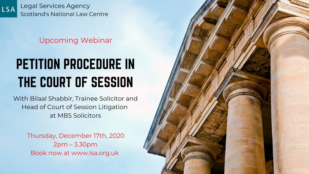 LSAlawcentre's tweet photo. 📌 Would you like to refresh your skills on the inner workings of the Court of Session? Then join our #LSAwebinar on Petition Procedure in the Court with @mbs_786 - https://t.co/cFwPr0nEaV #CourtofSession #disputes #proceduralrules #JudicialReview #legaleducation #cpd https://t.co/BkXUiFS650
