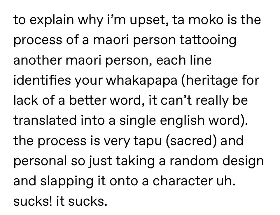 There is currently a debate on the use of tā moko (sacred Māori tattoos) in  #Cyberpunk2077   I would like to share it with you. I’m not Māori so I have tried to amplify Māori voices on both sides of the discussion. Māori Tumblr user sanguinxs explains one side very clearly.