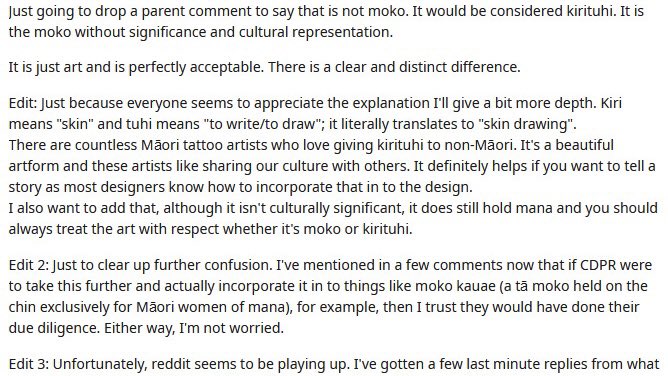 On the other side of the discussion, some people are saying that the tattoos could be considered to be  #kirituhi, non-sacred tattoos able to be worn by non-Māori people. This post is by Reddit user Hollow_Hubris who appears to be Māori.