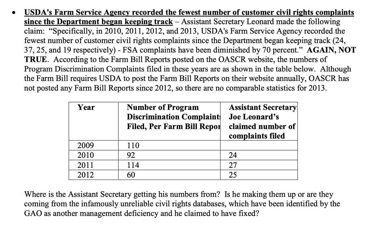 USDA civil rights employees had long disputed this claim. In 2015, for example, a union official representing USDA civil rights employees sent a letter showing this claim to be false to her members and Vilsack.