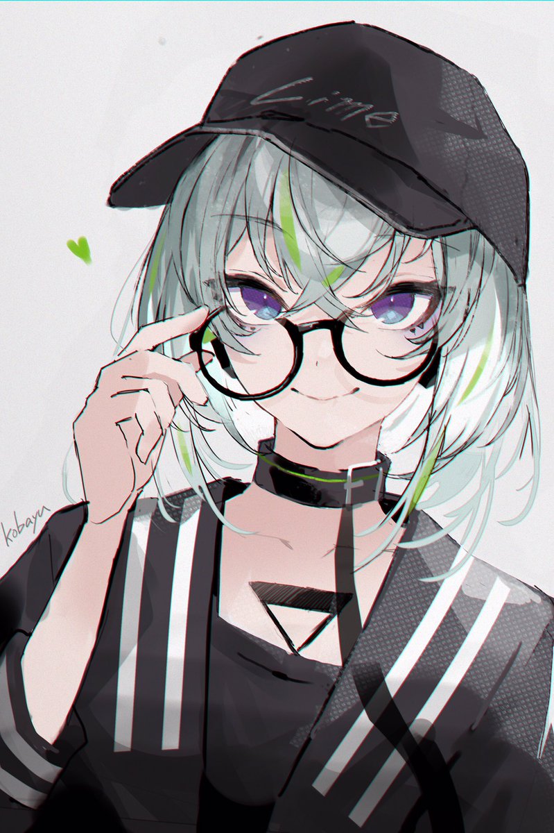 1girl solo glasses hat green hair smile black headwear  illustration images