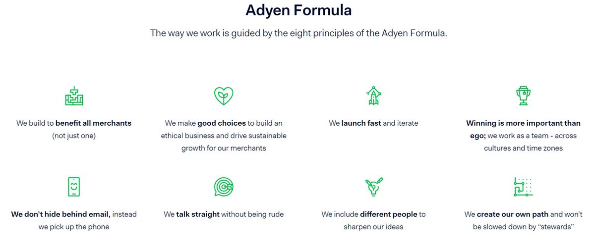 17/ Company CultureAdyen focuses on a strong company culture consisting of eight principles, called the Adyen Formula. Looking at Glassdoor ratings, Adyen scores quite high with 4.4/5 stars and 95% (!) CEO approval, with many reviews praising the company’s culture.