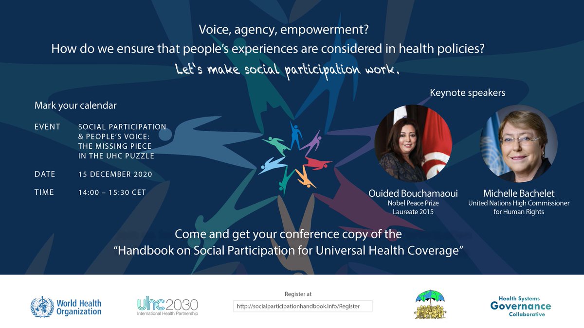 #SocialParticipation is the missing piece in the #UHC puzzle Join us for the launch of the Handbook on Social Participation for #UHC, and get your conference copy by registering for the event! eventbrite.com/e/social-parti… Tuesday 15 Dec 2020, 14h-15h (CET) @UHC2030 @PMNCH @asoucat