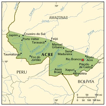 O Acre é um estado da floresta amazônica no noroeste do Brasil conhecido pelas suas castanheiras e pela produção de borracha. O estado faz fronteira com o Peru a oeste e sul, e com a Bolívia ao sudeste.