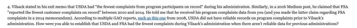 In 2019, I asked Tom Vilsack and his civil rights chief, Joe Leonard, for any evidence they might have to support their claim USDA had "the fewest complaints" on record. Here's the question I sent Dr. Leonard.