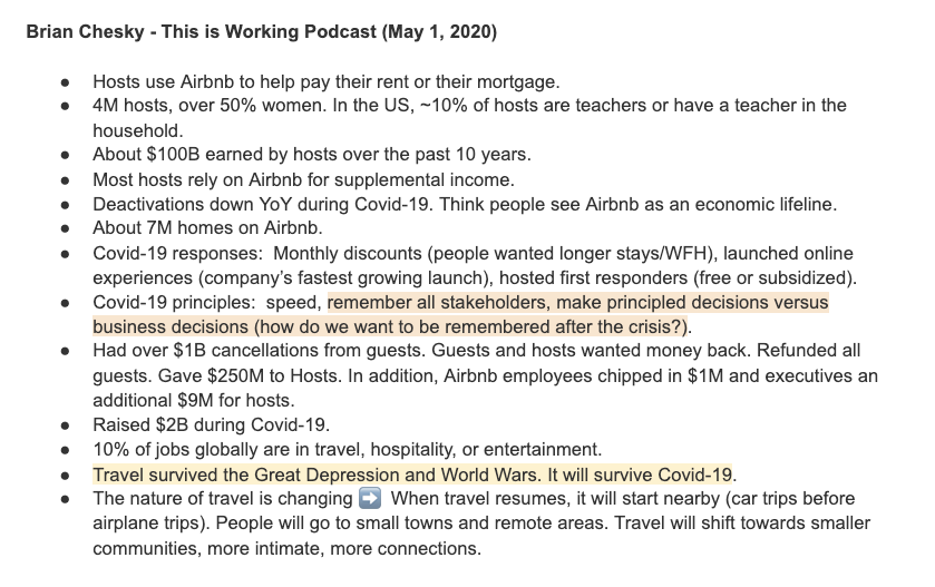 6/  @bchesky on This Is Working (May 2020):Covid-19 principles: speed, remember all stakeholders, make principled decisions versus business decisions. How do we want to be remembered after the crisis? https://podcasts.apple.com/us/podcast/airbnbs-brian-chesky-on-post-pandemic-travel/id1475838548?i=1000473311765