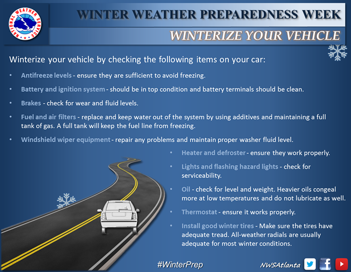 gohsgeorgia's tweet photo. Winter Weather Preparedness Week continues with some advice from the National Weather Service on how to winterize your vehicle. #WinterPrep #NWSPeachtreeCity #NWSAtlanta https://t.co/1xFpP0d74q