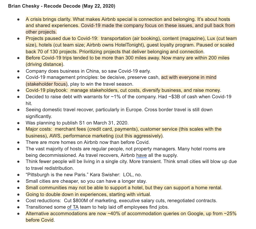 7/  @bchesky on  @Recode (May 2020):Covid-19 market dynamics: Alternative accommodations are now ~40% of accommodation queries on  $GOOG, up from ~25% before Covid-19. https://podcasts.apple.com/us/podcast/brian-chesky-these-9-weeks-were-most-stressful-in-airbnbs/id1011668648?i=1000475440439