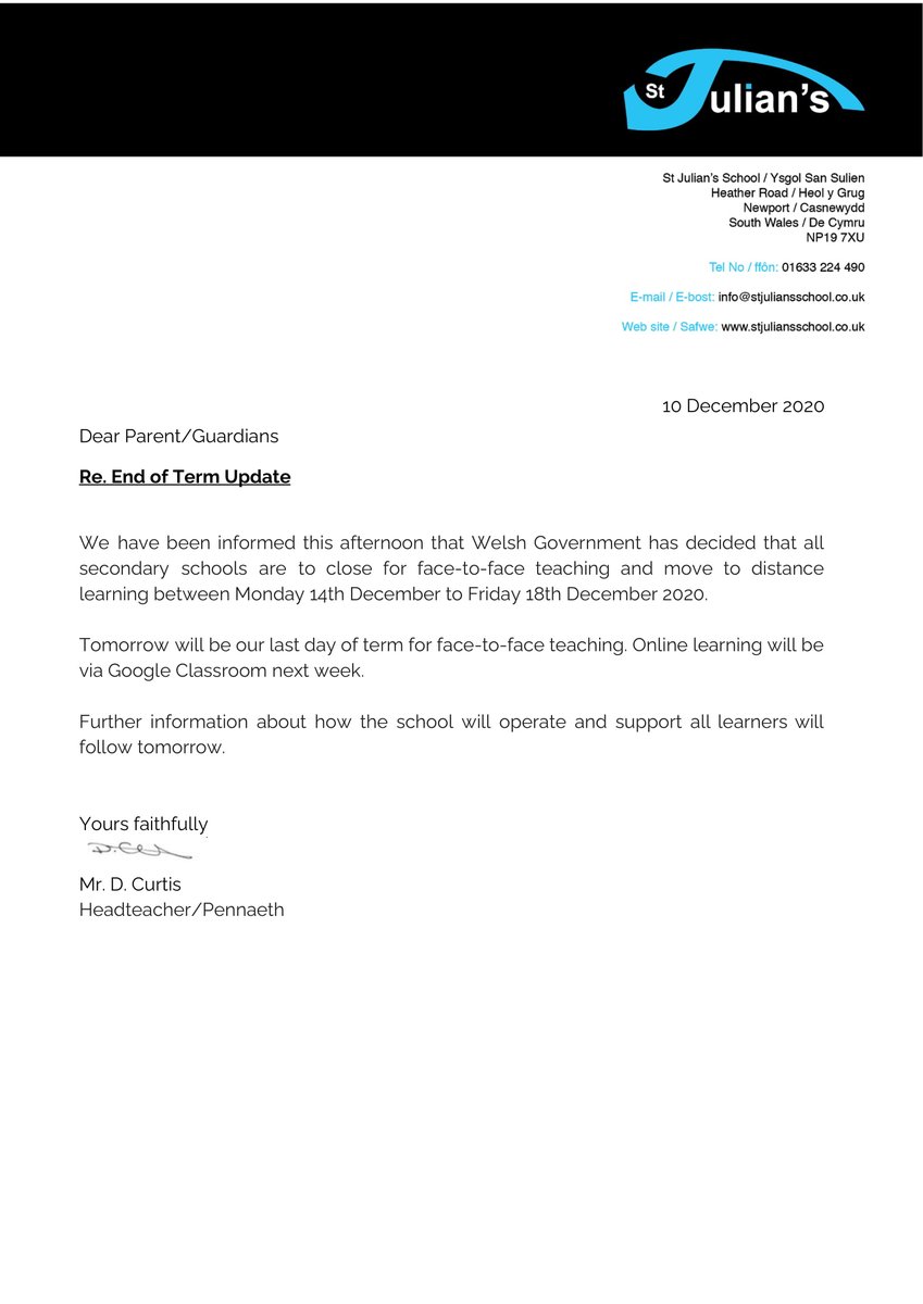 StJuliansSchool's tweet photo. We have been informed that the Welsh Government has decided that all secondary schools are to close for face-to-face teaching and move to distance learning between Monday 14th December to Friday 18th December 2020. Please see below for more info.
https://t.co/hjf2W6vNrc https://t.co/OGse7EmzQx